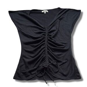 Max Studio Black Ruched Front Cap Sleeve Top | Adjustable Drawstring Blouse